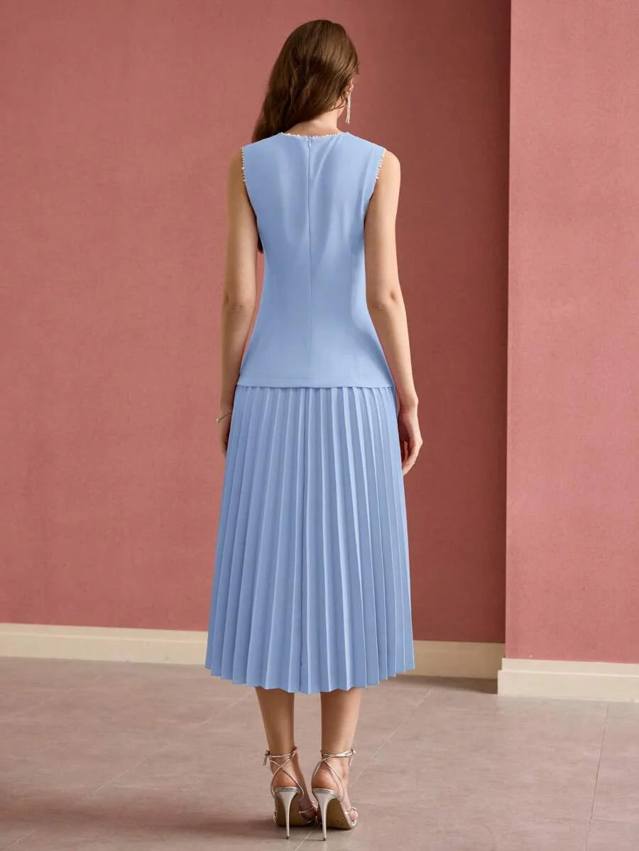 PREMIUM FAUX PEARL DETAIL PLEATED DRESS