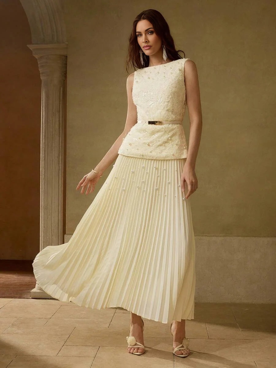 PREMIUM FAUX PEARL DETAIL PLEATED DRESS