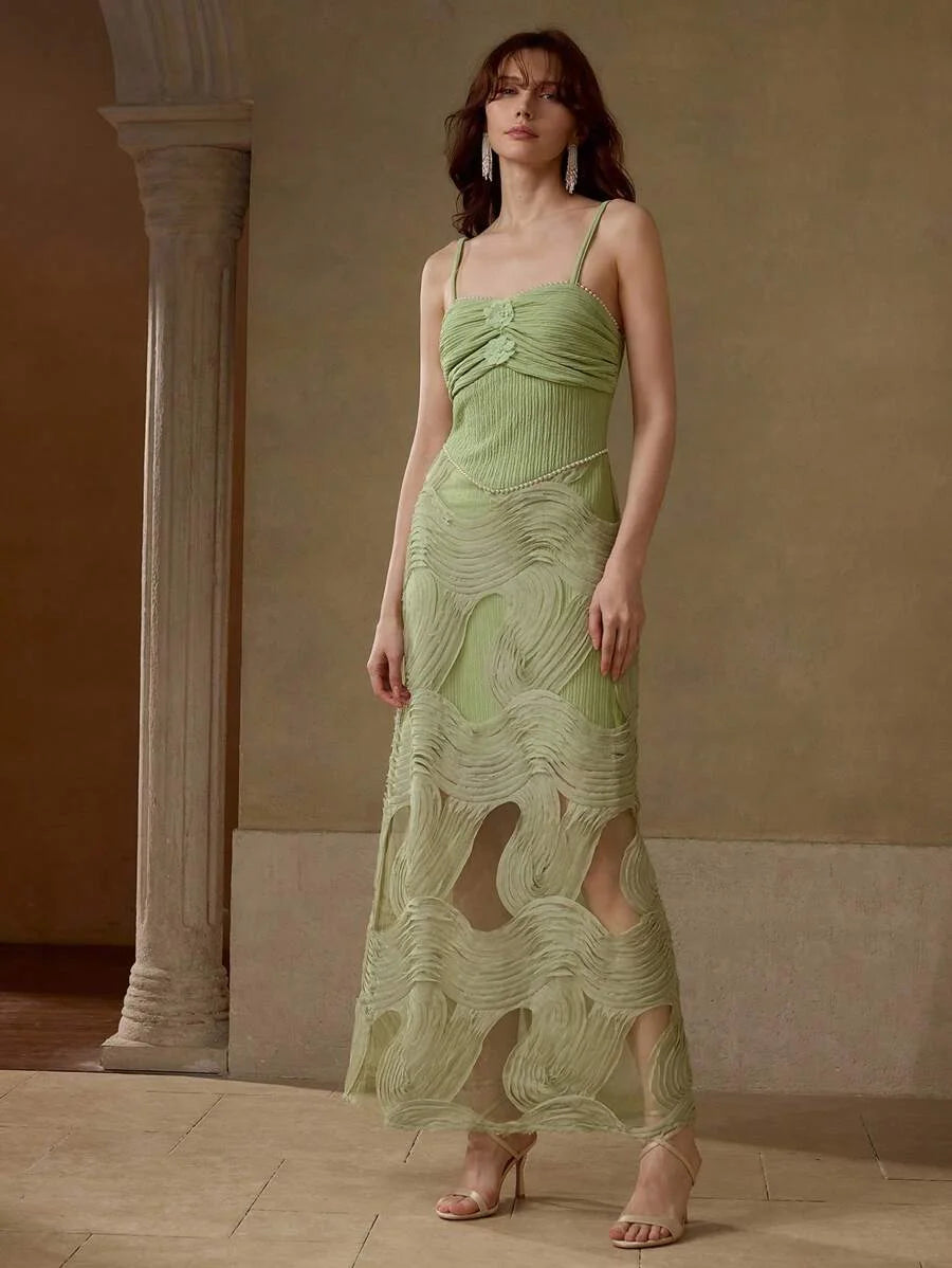 PREMIUM FAUX PEARL DETAIL RUCHED BUST SHEER PANEL CAMI MAXI DRESS