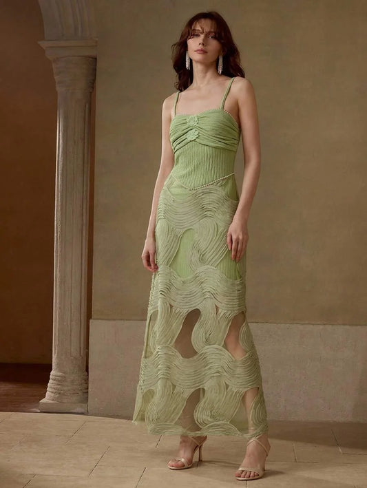 PREMIUM FAUX PEARL DETAIL RUCHED BUST SHEER PANEL CAMI MAXI DRESS