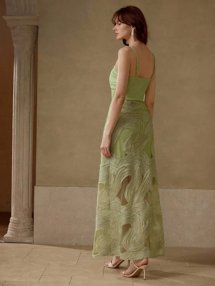 PREMIUM FAUX PEARL DETAIL RUCHED BUST SHEER PANEL CAMI MAXI DRESS