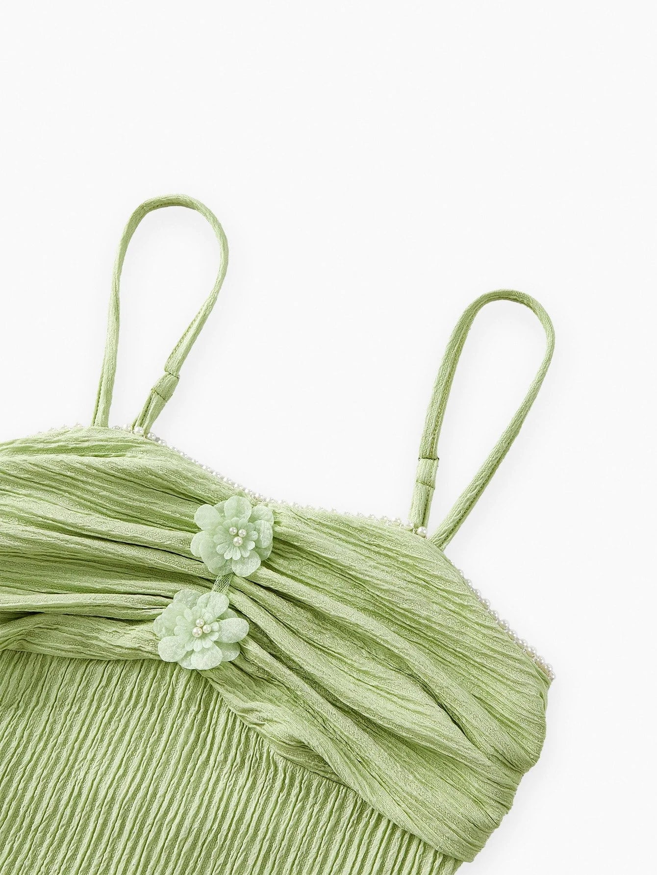 PREMIUM FAUX PEARL DETAIL RUCHED BUST SHEER PANEL CAMI MAXI DRESS