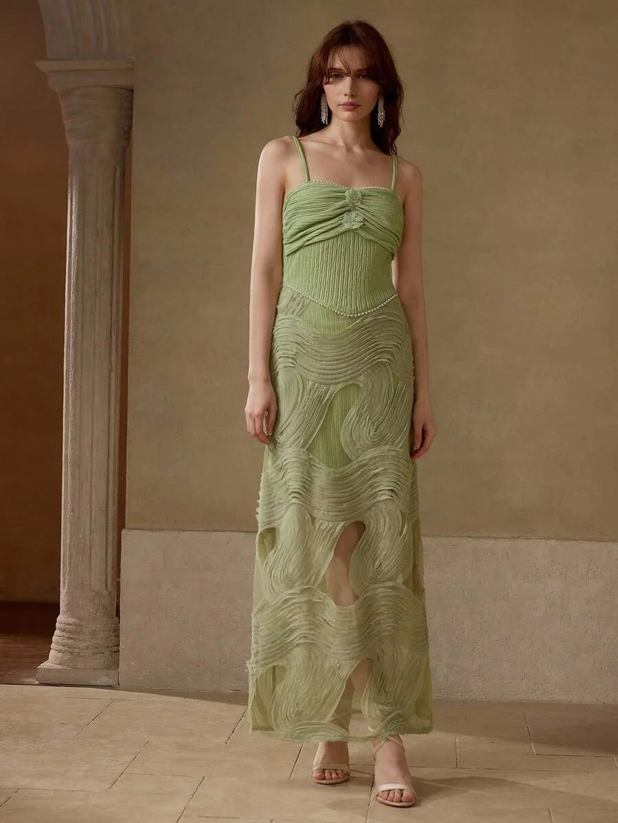 PREMIUM FAUX PEARL DETAIL RUCHED BUST SHEER PANEL CAMI MAXI DRESS