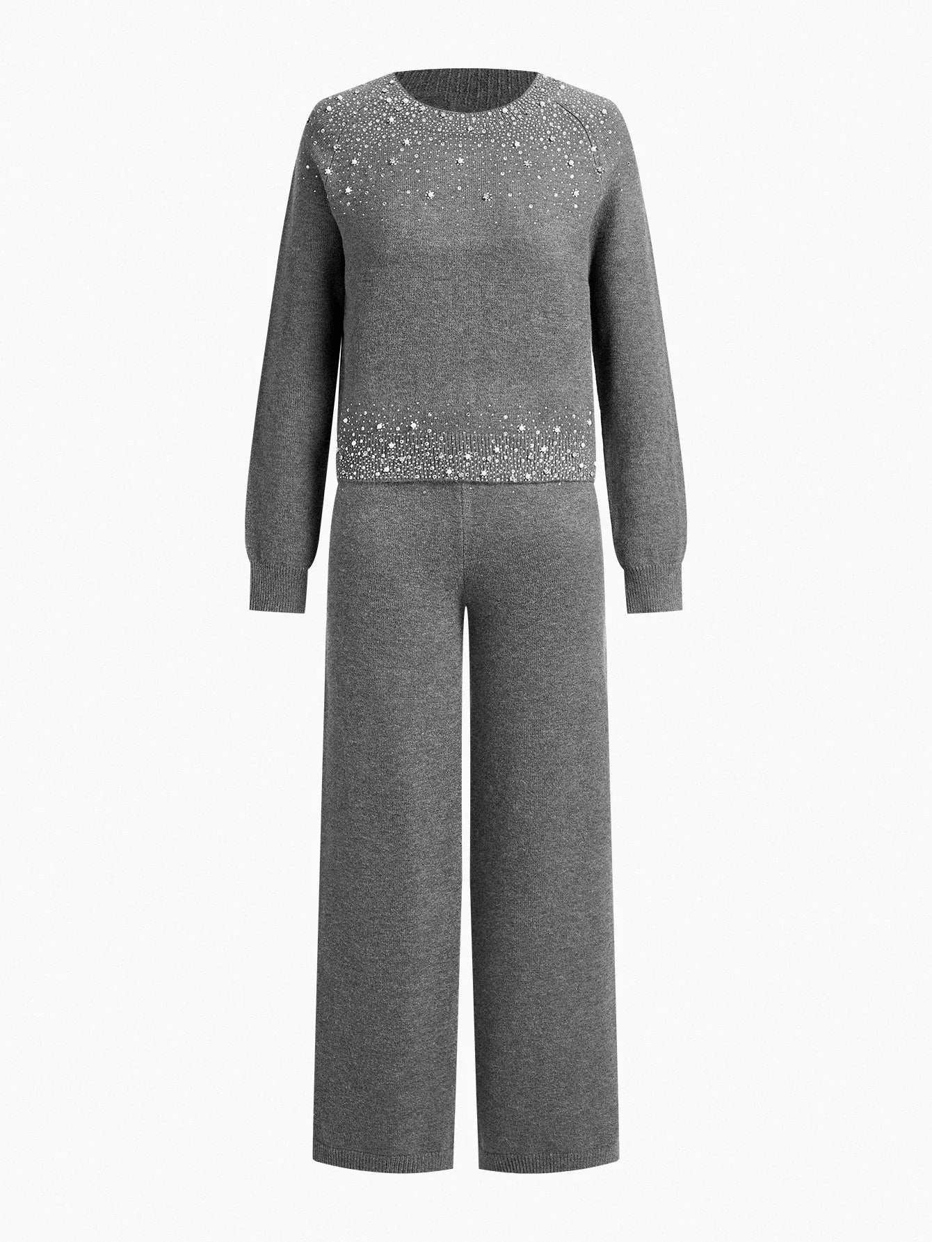 PREMIUM FAUX PEARL RHINESTONE DETAIL TOP amp PANTS SWEATER SET AUTUMNWINTER