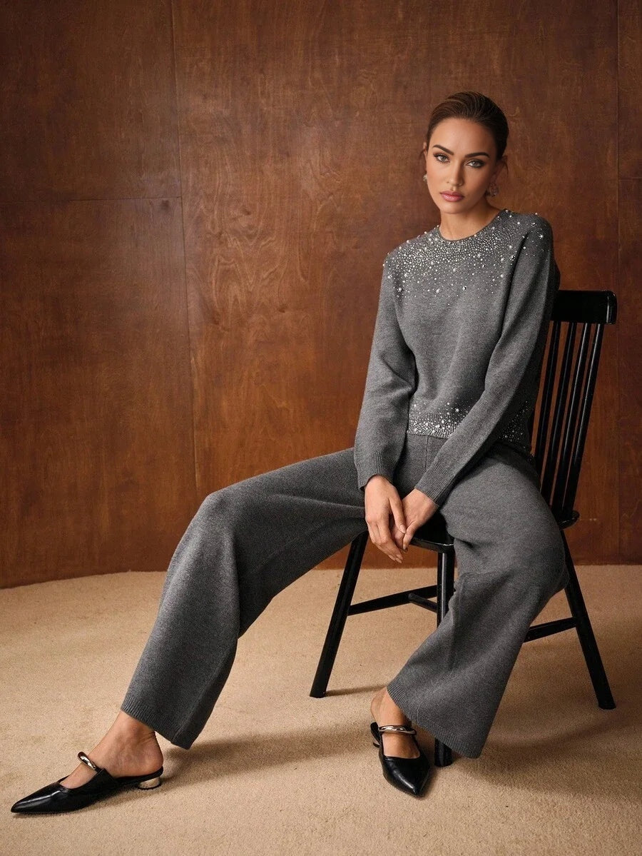 PREMIUM FAUX PEARL RHINESTONE DETAIL TOP amp PANTS SWEATER SET AUTUMNWINTER
