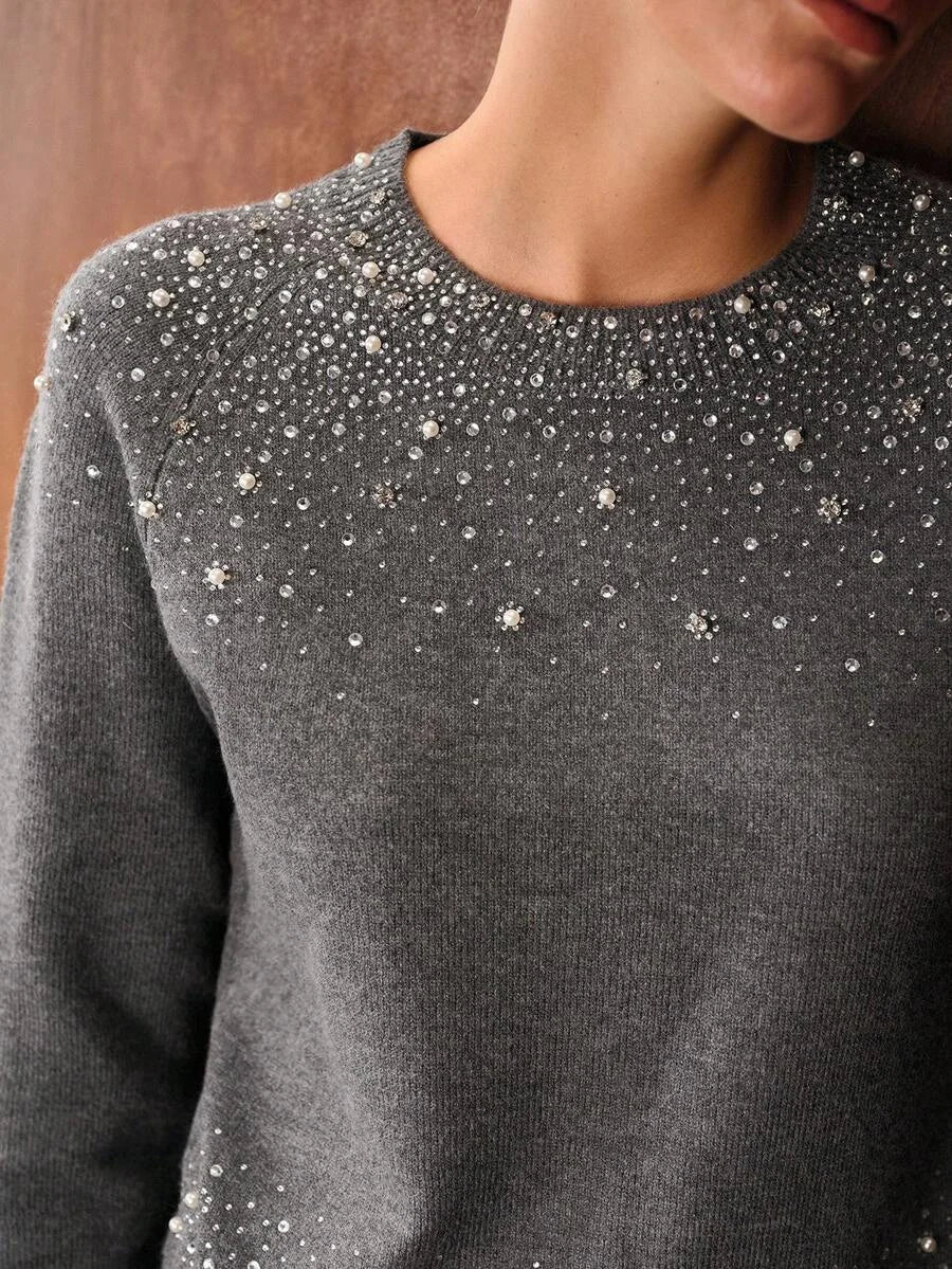 PREMIUM FAUX PEARL RHINESTONE DETAIL TOP amp PANTS SWEATER SET AUTUMNWINTER