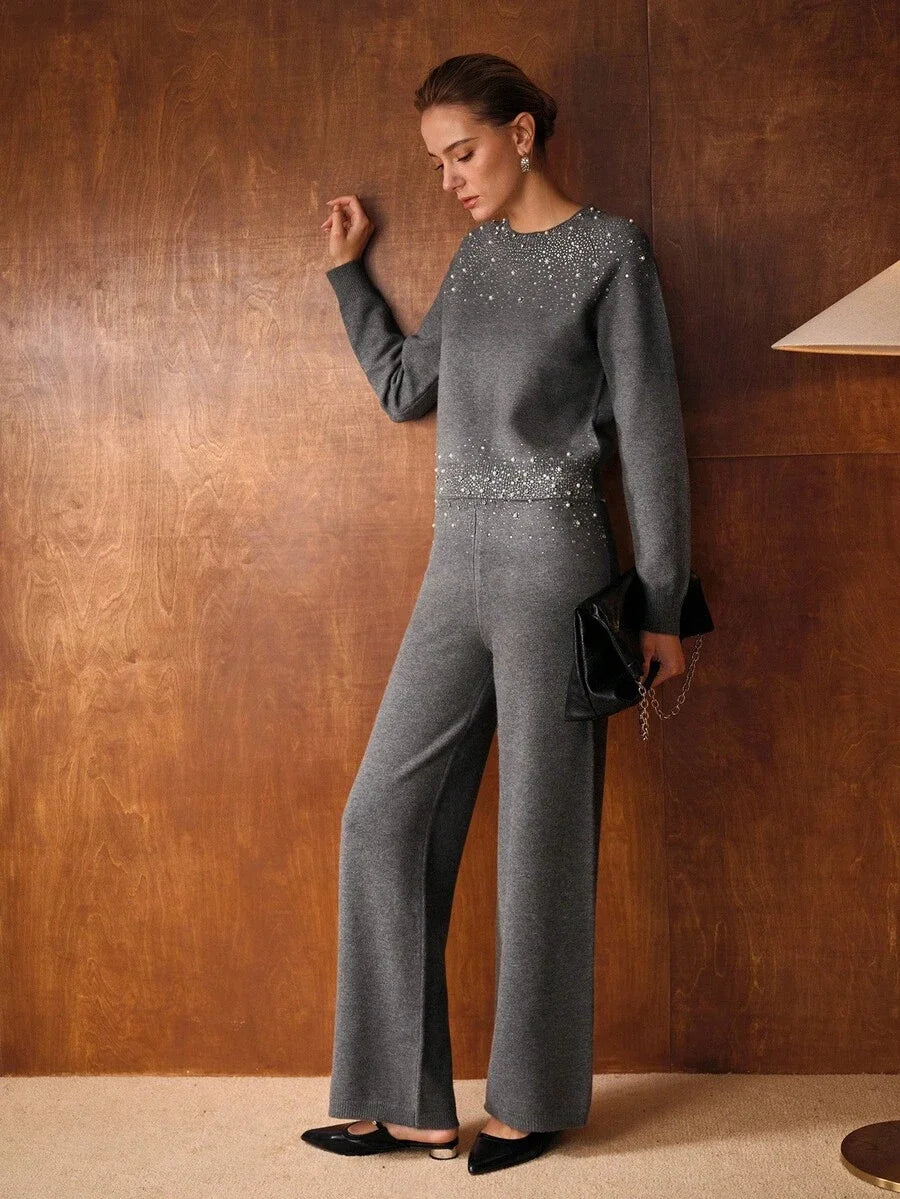 PREMIUM FAUX PEARL RHINESTONE DETAIL TOP amp PANTS SWEATER SET AUTUMNWINTER