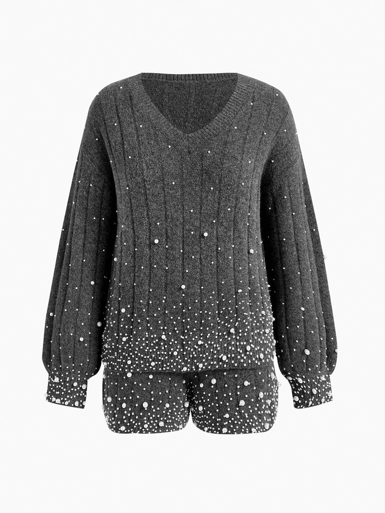 PREMIUM FAUX PEARL RIBKNIT TOP amp SKIRT SWEATER SET