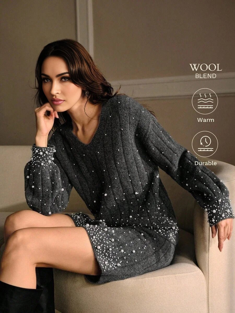 PREMIUM FAUX PEARL RIBKNIT TOP amp SKIRT SWEATER SET