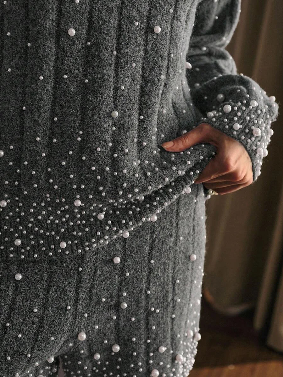 PREMIUM FAUX PEARL RIBKNIT TOP amp SKIRT SWEATER SET