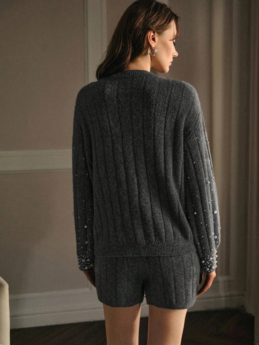 PREMIUM FAUX PEARL RIBKNIT TOP amp SKIRT SWEATER SET