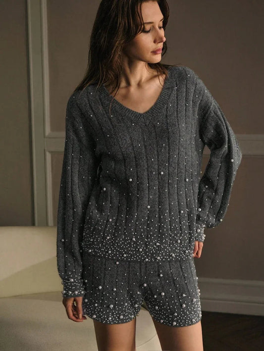PREMIUM FAUX PEARL RIBKNIT TOP amp SKIRT SWEATER SET