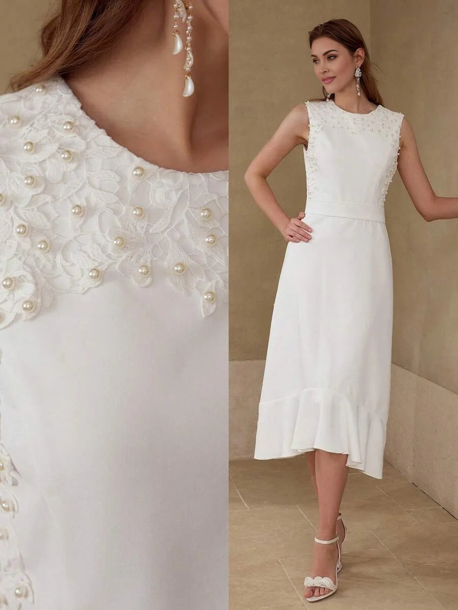 PREMIUM FAUX PEARL RUFFLE HEM DRESS