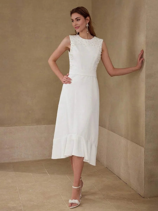 PREMIUM FAUX PEARL RUFFLE HEM DRESS