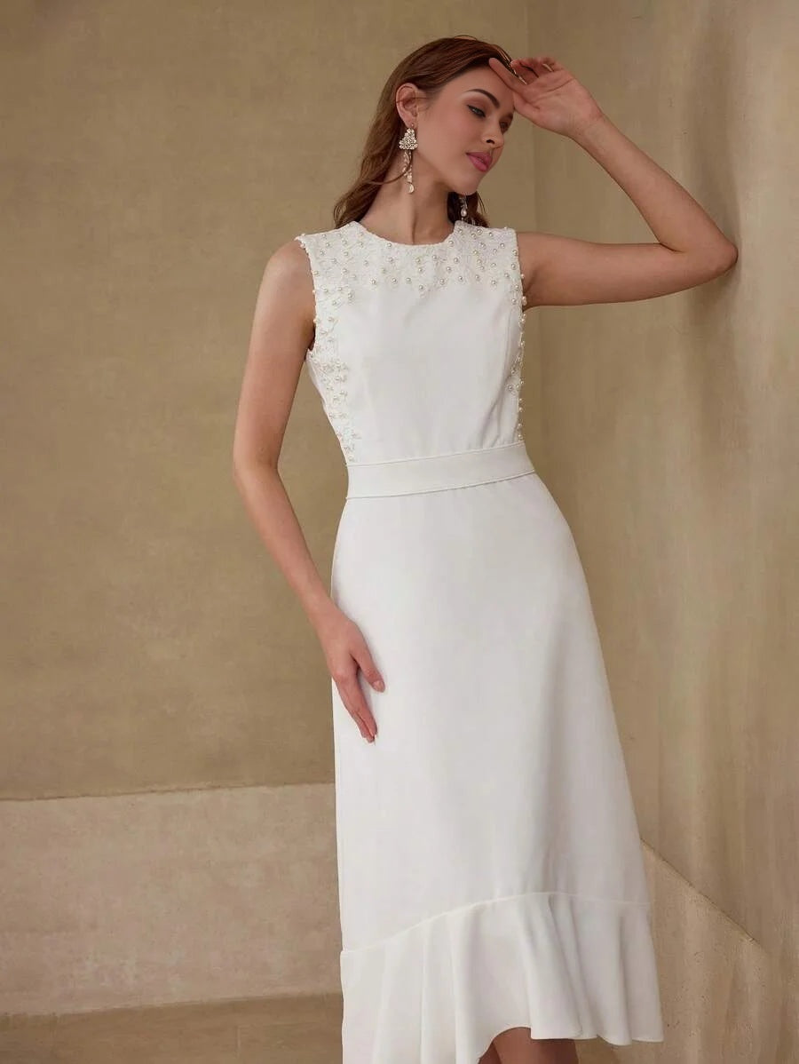 PREMIUM FAUX PEARL RUFFLE HEM DRESS