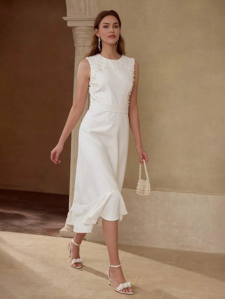 PREMIUM FAUX PEARL RUFFLE HEM DRESS