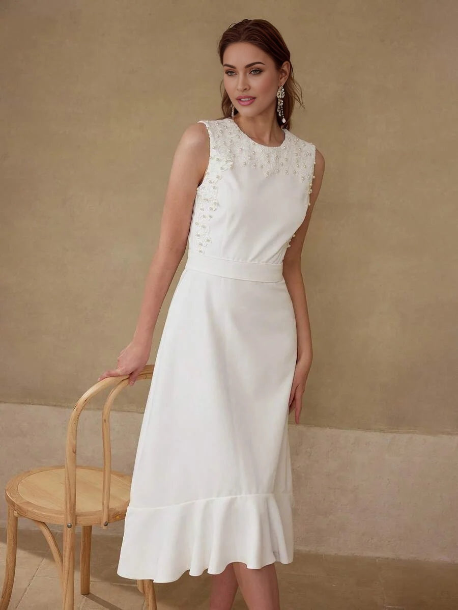 PREMIUM FAUX PEARL RUFFLE HEM DRESS