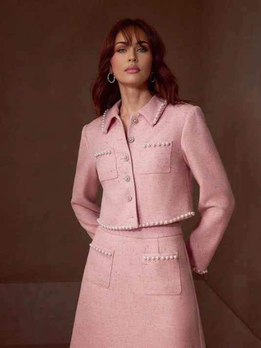 PREMIUM FAUX PEARL TRIM BUTTON UP JACKET