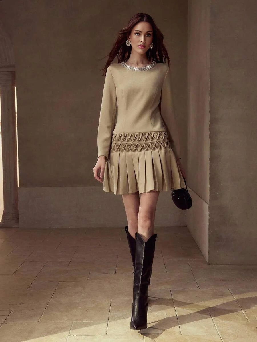 PREMIUM FAUX PEARL TRIM PLEATED DRESS