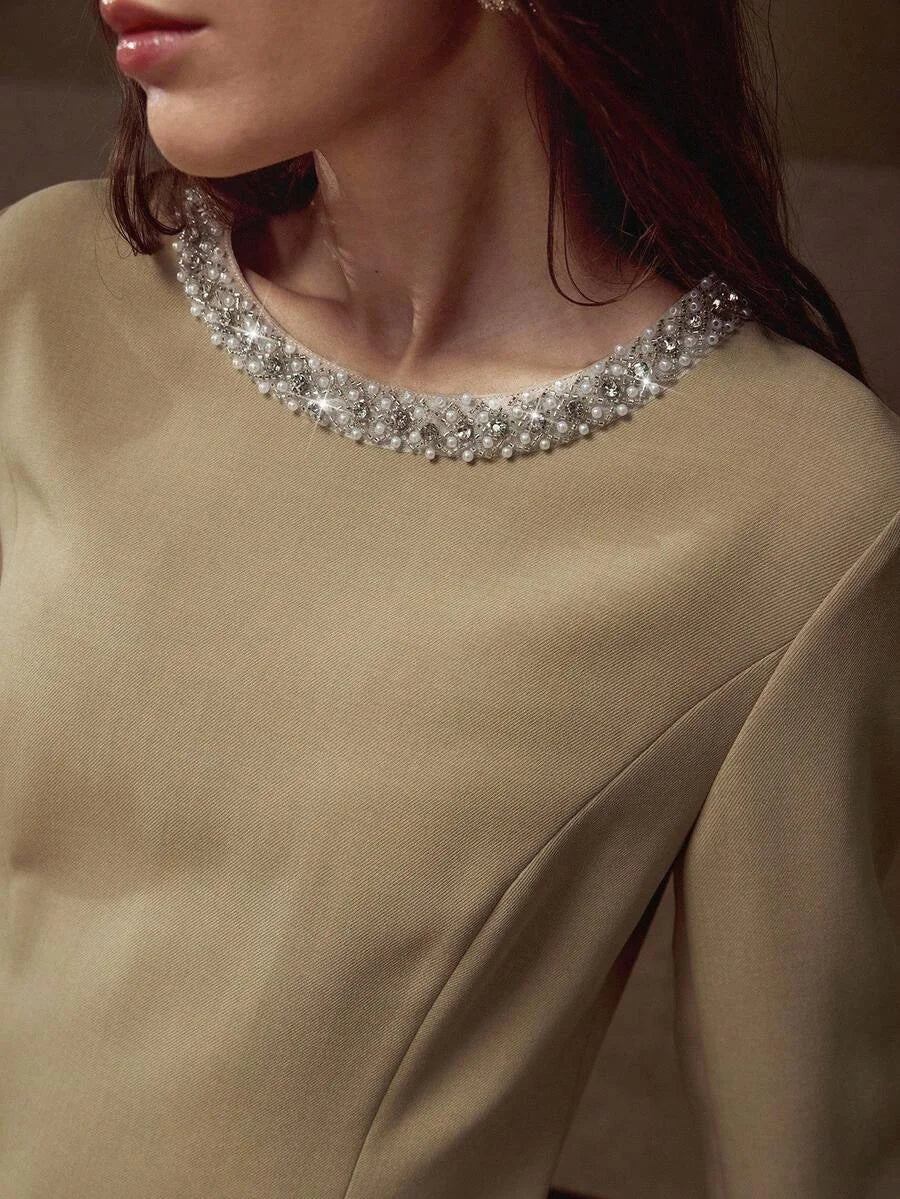 PREMIUM FAUX PEARL TRIM PLEATED DRESS