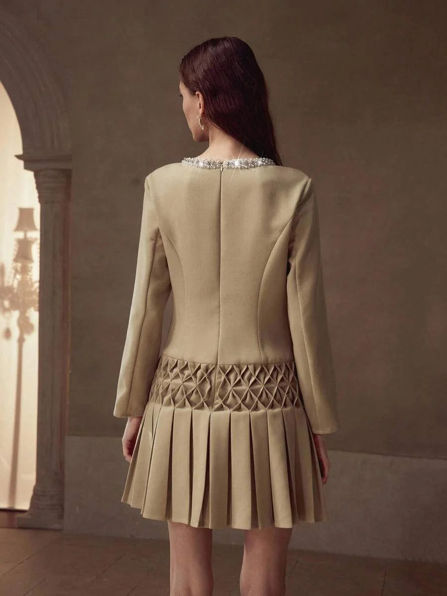 PREMIUM FAUX PEARL TRIM PLEATED DRESS