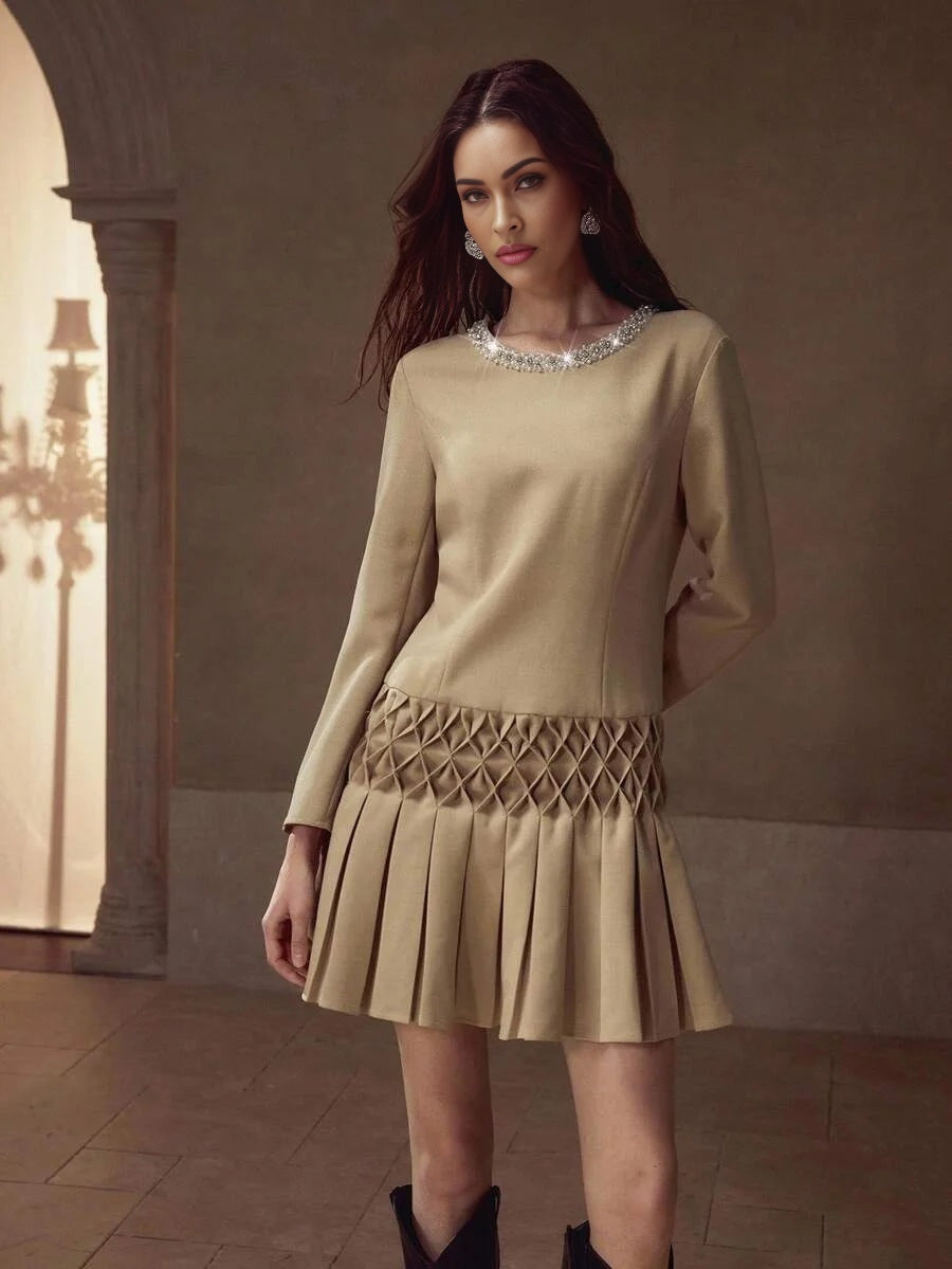 PREMIUM FAUX PEARL TRIM PLEATED DRESS