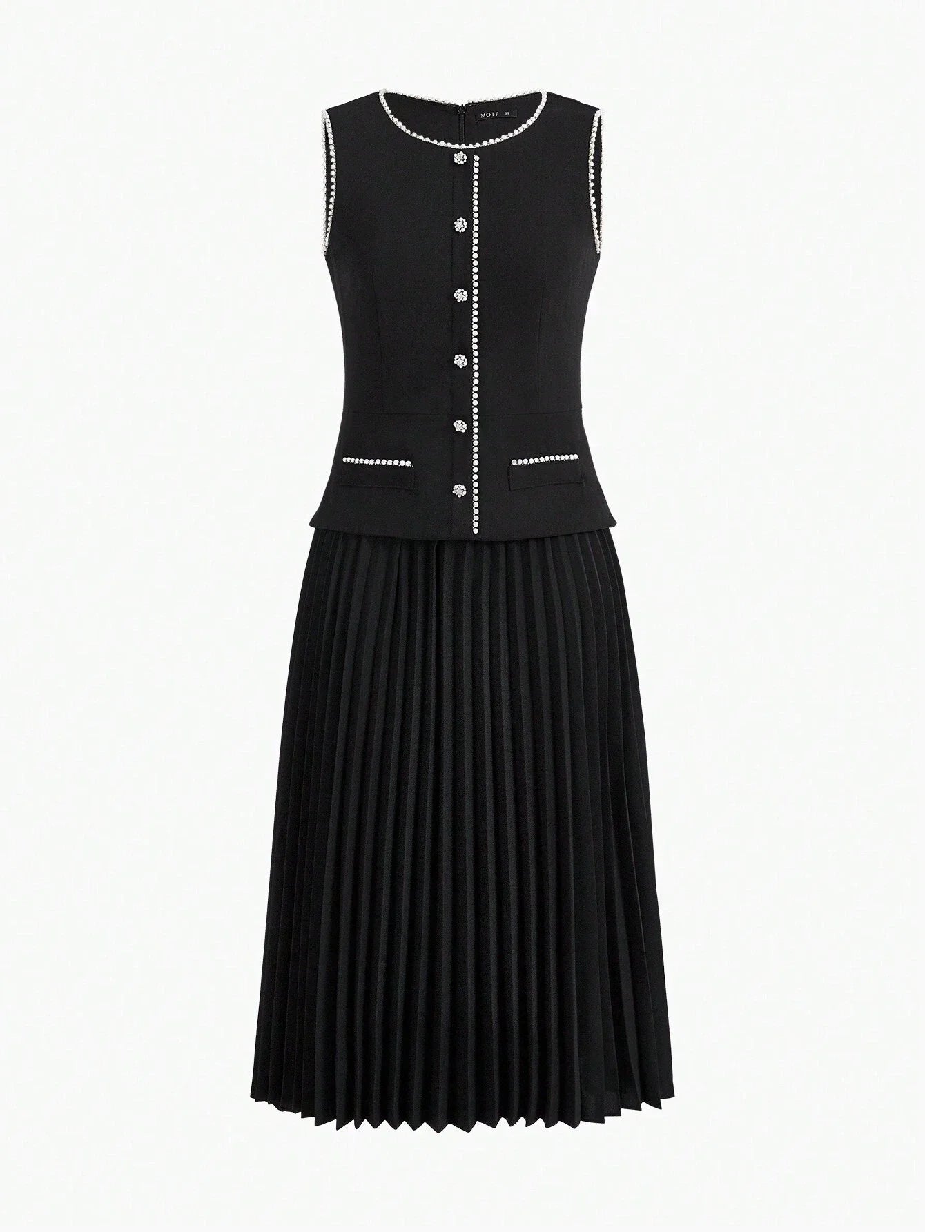 PREMIUM FAUX PEARL TRIM PLEATED HEM 2 IN 1 DRESSSUMMER OUTFITS