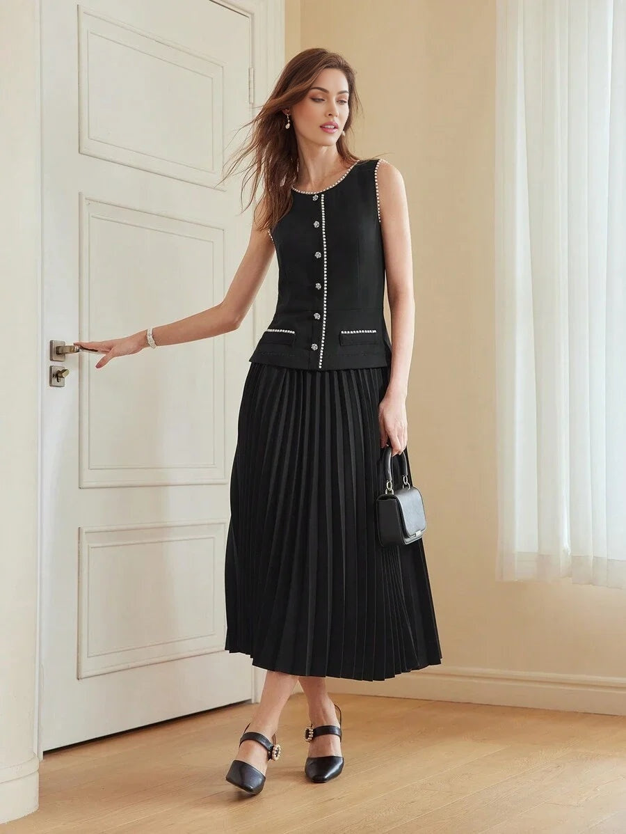 PREMIUM FAUX PEARL TRIM PLEATED HEM 2 IN 1 DRESSSUMMER OUTFITS