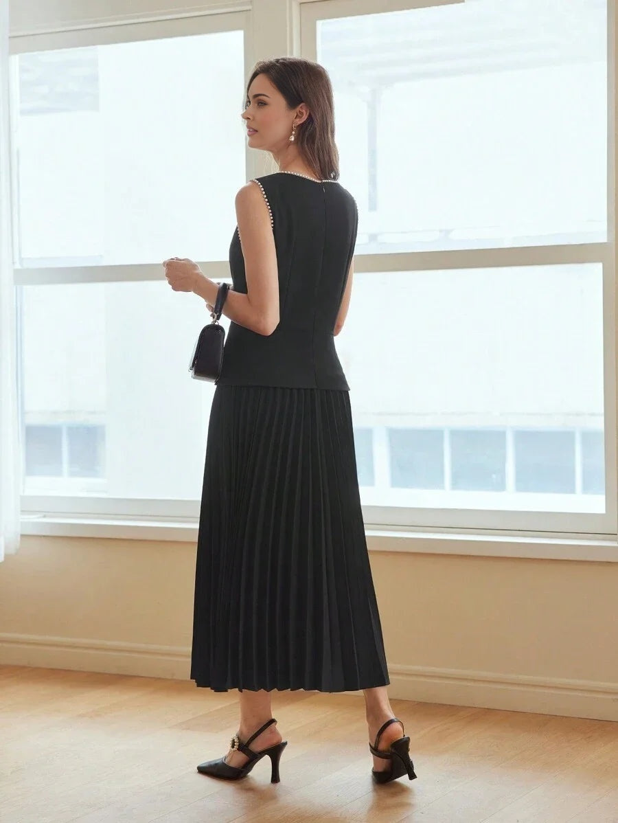 PREMIUM FAUX PEARL TRIM PLEATED HEM 2 IN 1 DRESSSUMMER OUTFITS