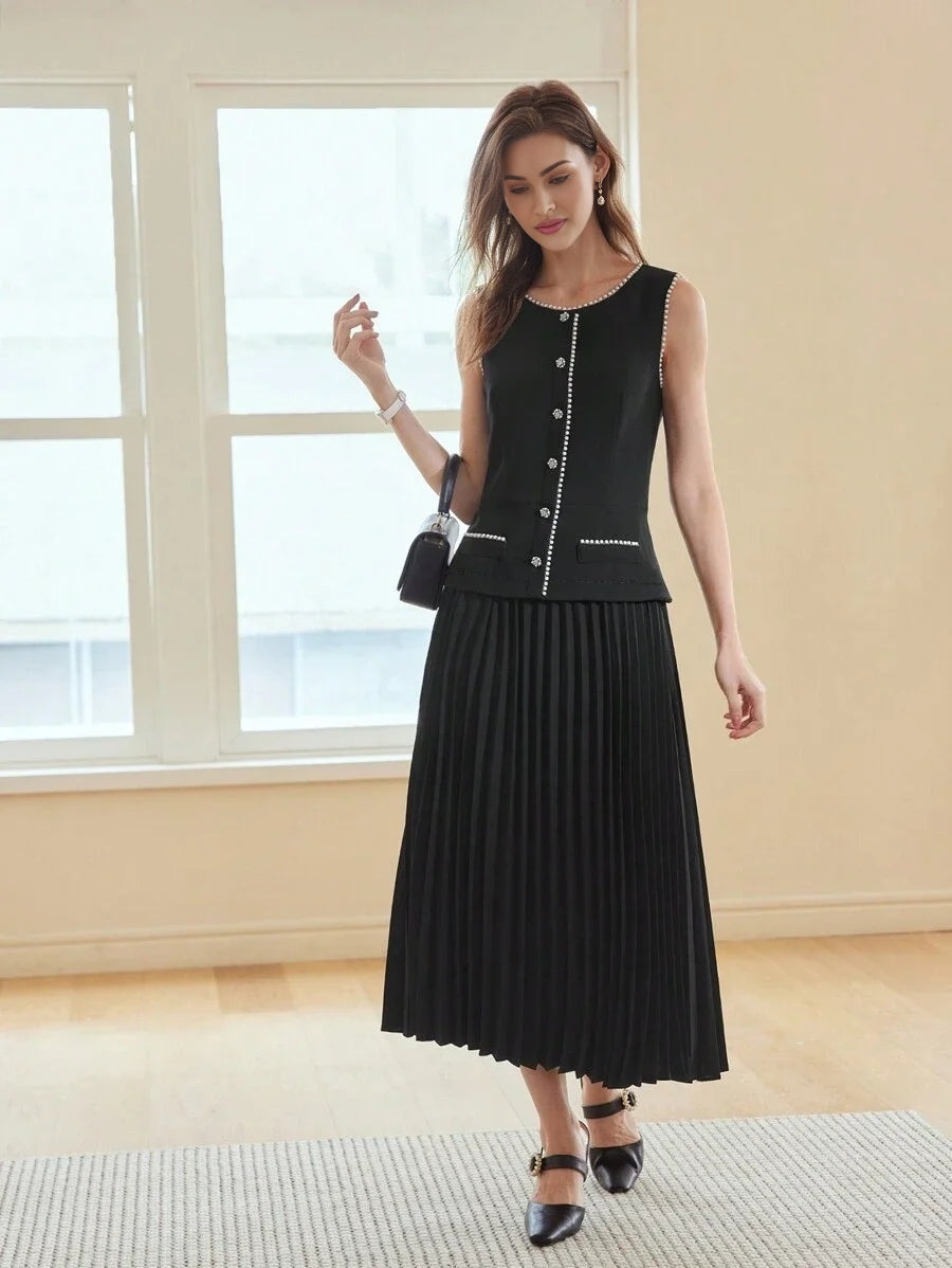 PREMIUM FAUX PEARL TRIM PLEATED HEM 2 IN 1 DRESSSUMMER OUTFITS