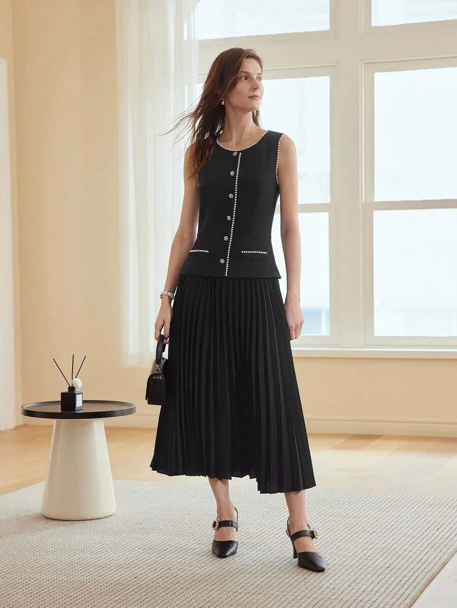 PREMIUM FAUX PEARL TRIM PLEATED HEM 2 IN 1 DRESSSUMMER OUTFITS