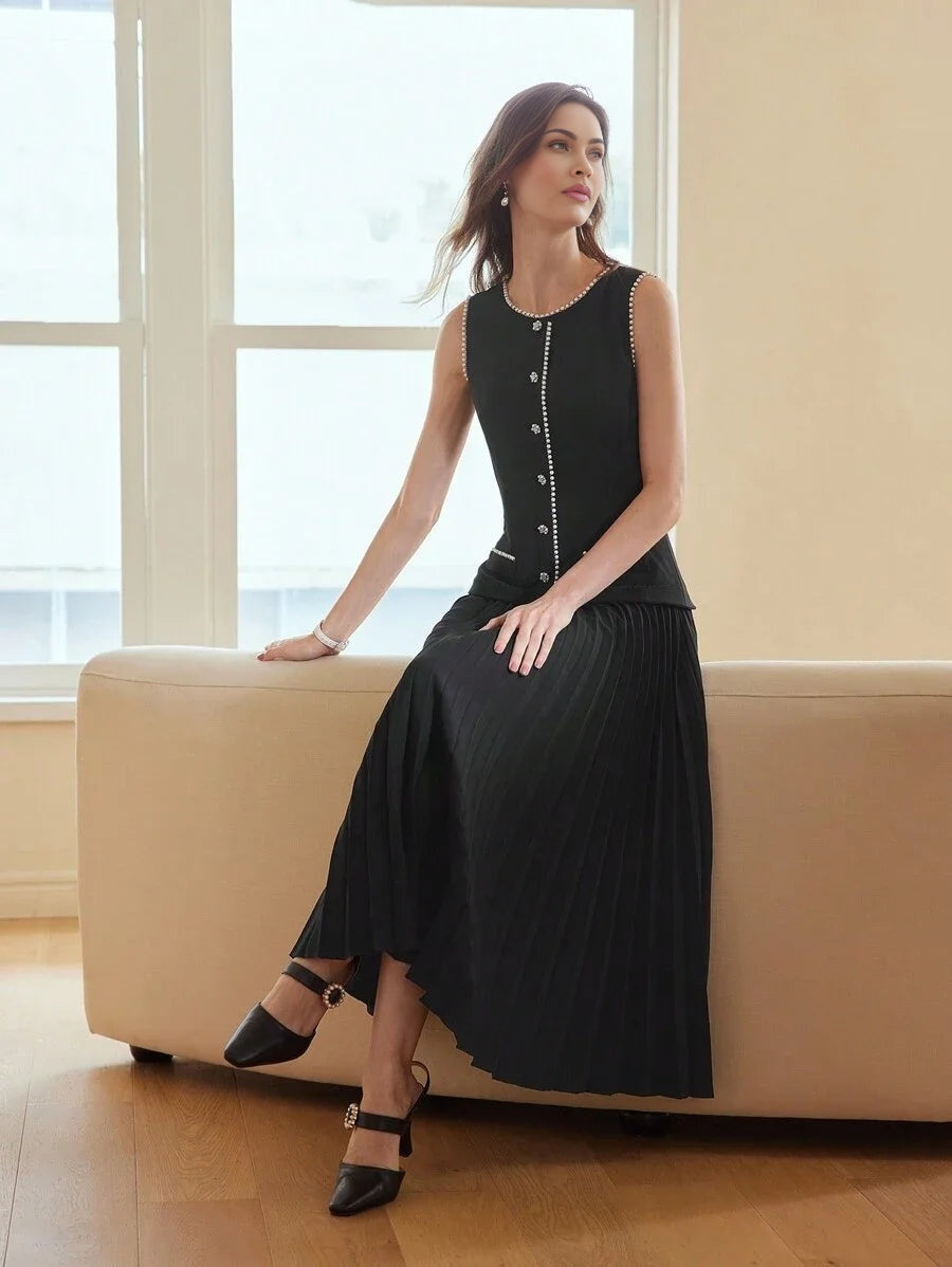 PREMIUM FAUX PEARL TRIM PLEATED HEM 2 IN 1 DRESSSUMMER OUTFITS