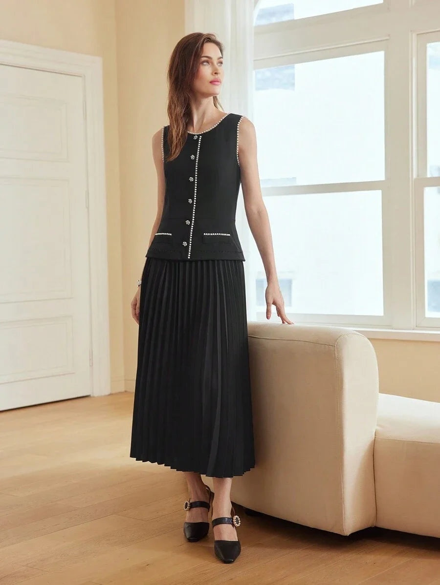 PREMIUM FAUX PEARL TRIM PLEATED HEM 2 IN 1 DRESSSUMMER OUTFITS