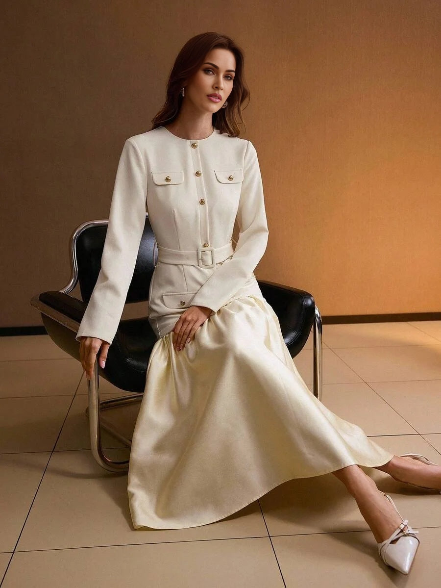 PREMIUM FLAP DETAIL FLOWY HEM 2 IN 1 BUCKLE BELTED DRESS