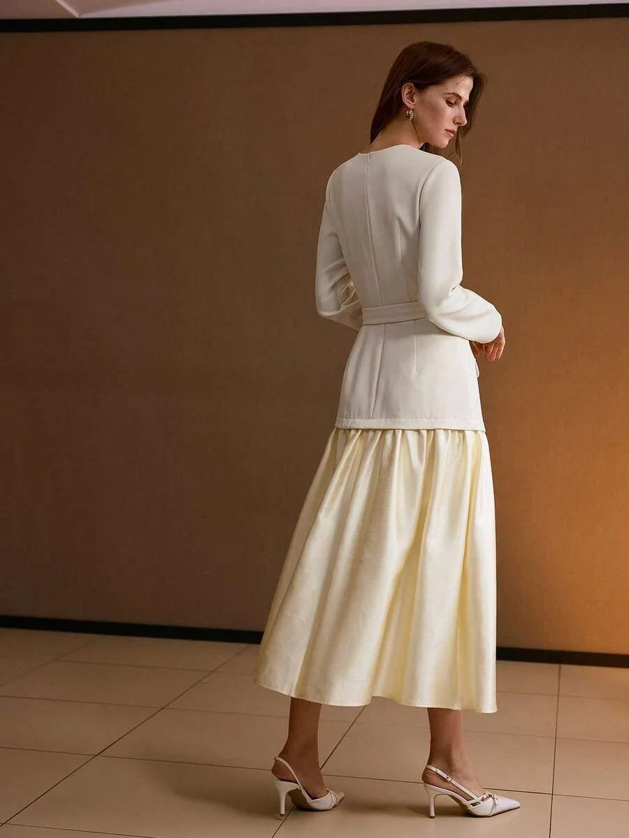 PREMIUM FLAP DETAIL FLOWY HEM 2 IN 1 BUCKLE BELTED DRESS