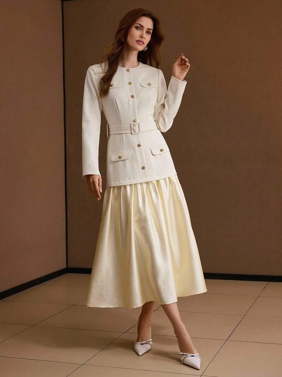 PREMIUM FLAP DETAIL FLOWY HEM 2 IN 1 BUCKLE BELTED DRESS