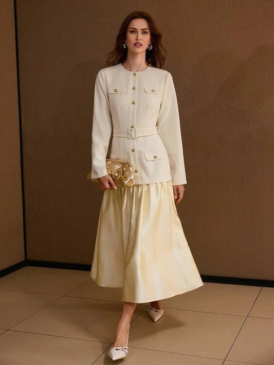 PREMIUM FLAP DETAIL FLOWY HEM 2 IN 1 BUCKLE BELTED DRESS