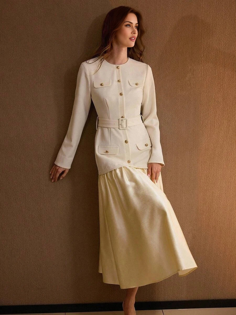 PREMIUM FLAP DETAIL FLOWY HEM 2 IN 1 BUCKLE BELTED DRESS