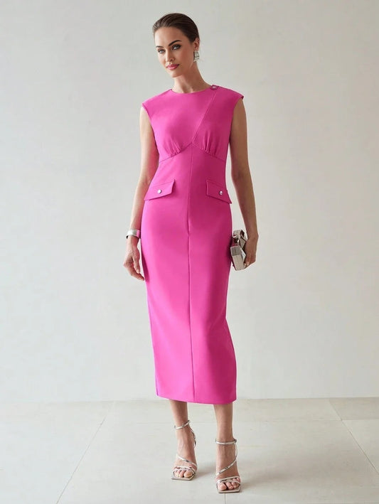 PREMIUM FLAP DETAIL SPLIT HEM CAP SLEEVE DRESS