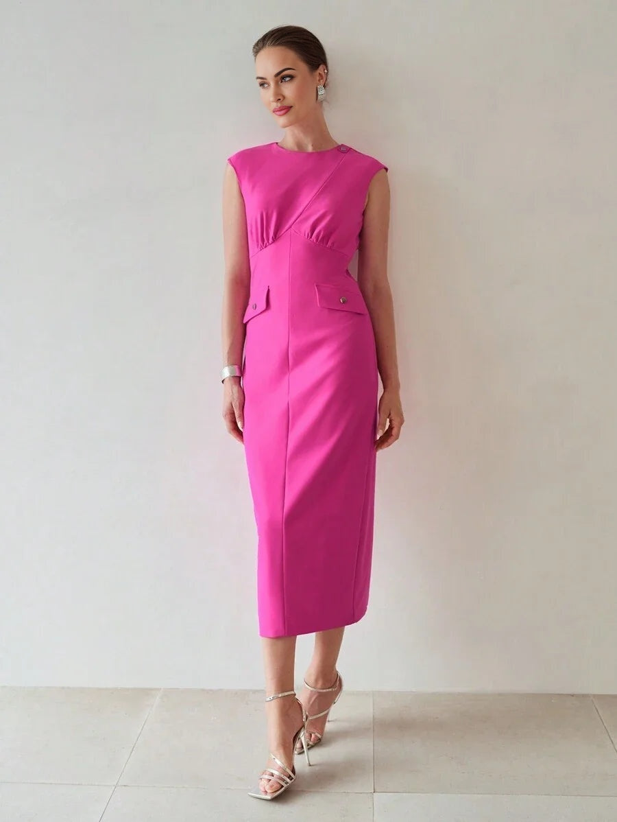 PREMIUM FLAP DETAIL SPLIT HEM CAP SLEEVE DRESS