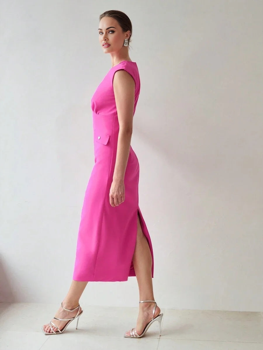 PREMIUM FLAP DETAIL SPLIT HEM CAP SLEEVE DRESS