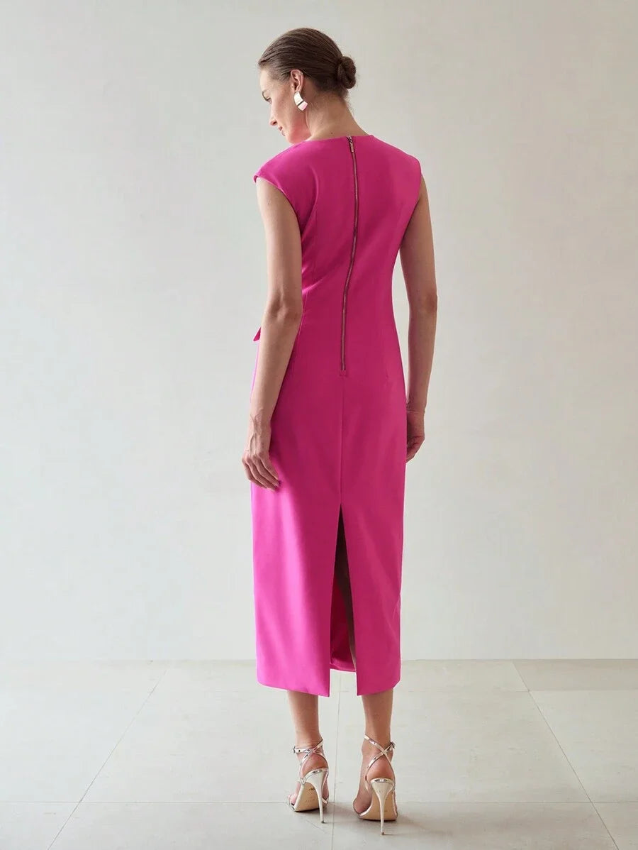 PREMIUM FLAP DETAIL SPLIT HEM CAP SLEEVE DRESS