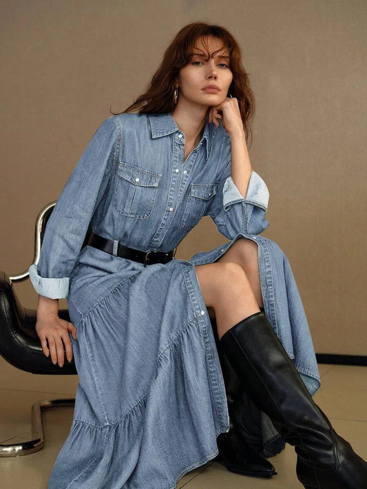 PREMIUM FLAP POCKET BUTTON UP TIERED RUFFLE HEM DENIM SHIRT DRESS WITHOUT BELT