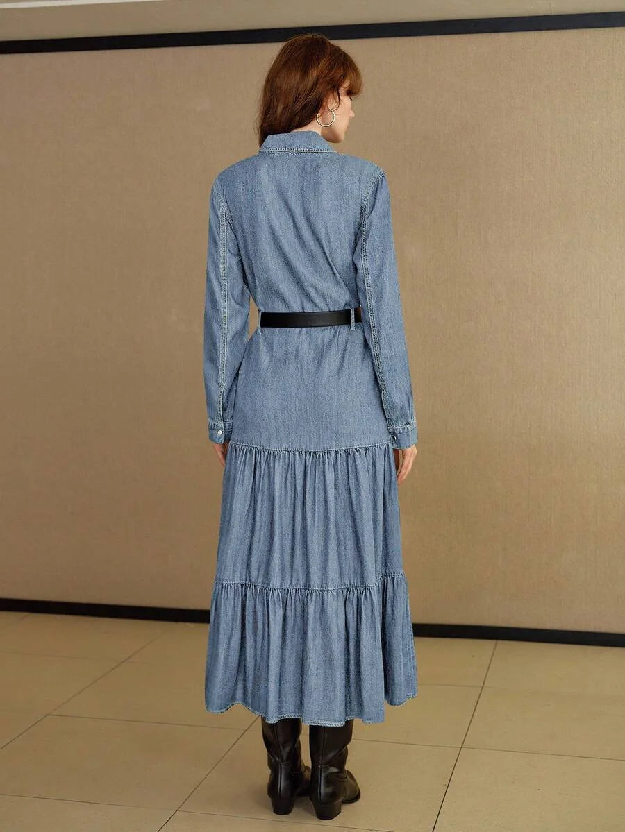 PREMIUM FLAP POCKET BUTTON UP TIERED RUFFLE HEM DENIM SHIRT DRESS WITHOUT BELT
