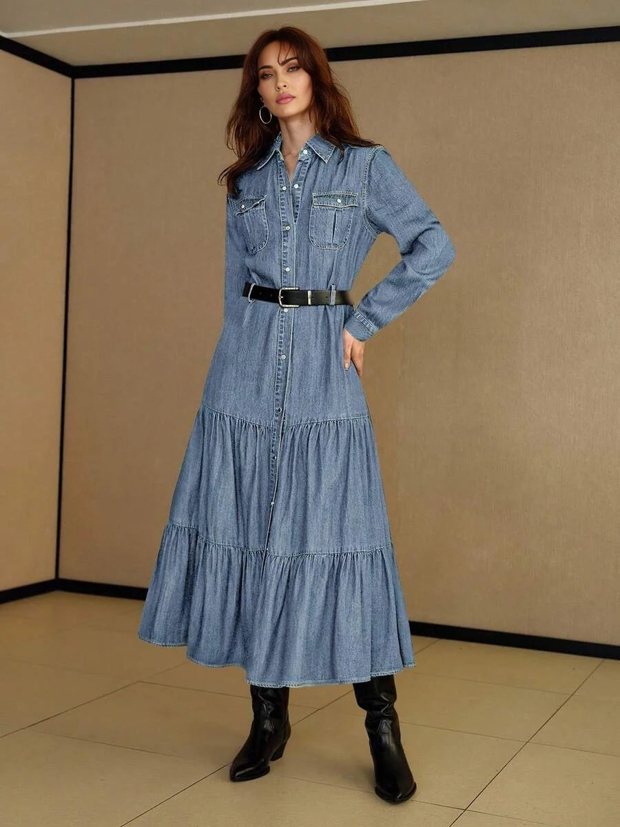 PREMIUM FLAP POCKET BUTTON UP TIERED RUFFLE HEM DENIM SHIRT DRESS WITHOUT BELT