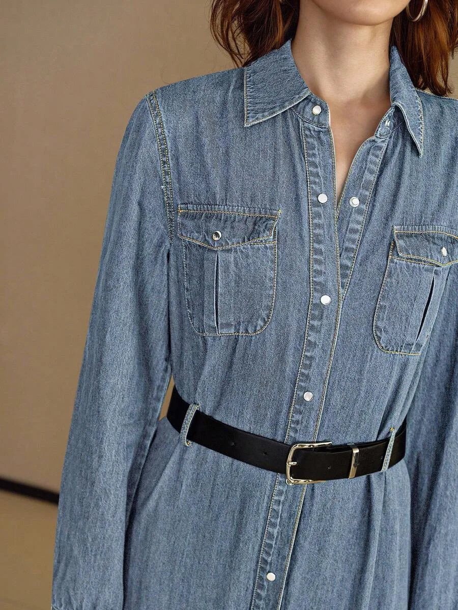 PREMIUM FLAP POCKET BUTTON UP TIERED RUFFLE HEM DENIM SHIRT DRESS WITHOUT BELT