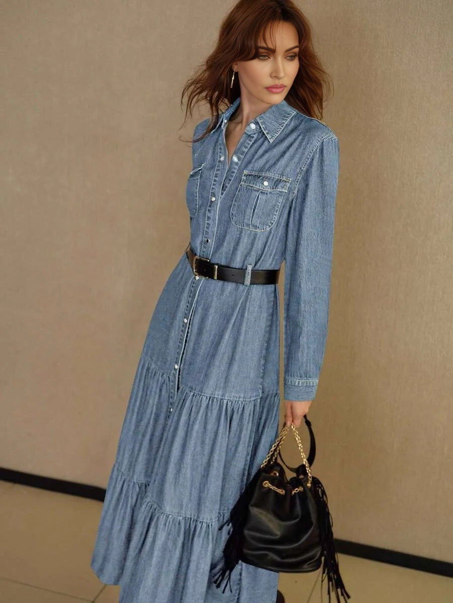 PREMIUM FLAP POCKET BUTTON UP TIERED RUFFLE HEM DENIM SHIRT DRESS WITHOUT BELT