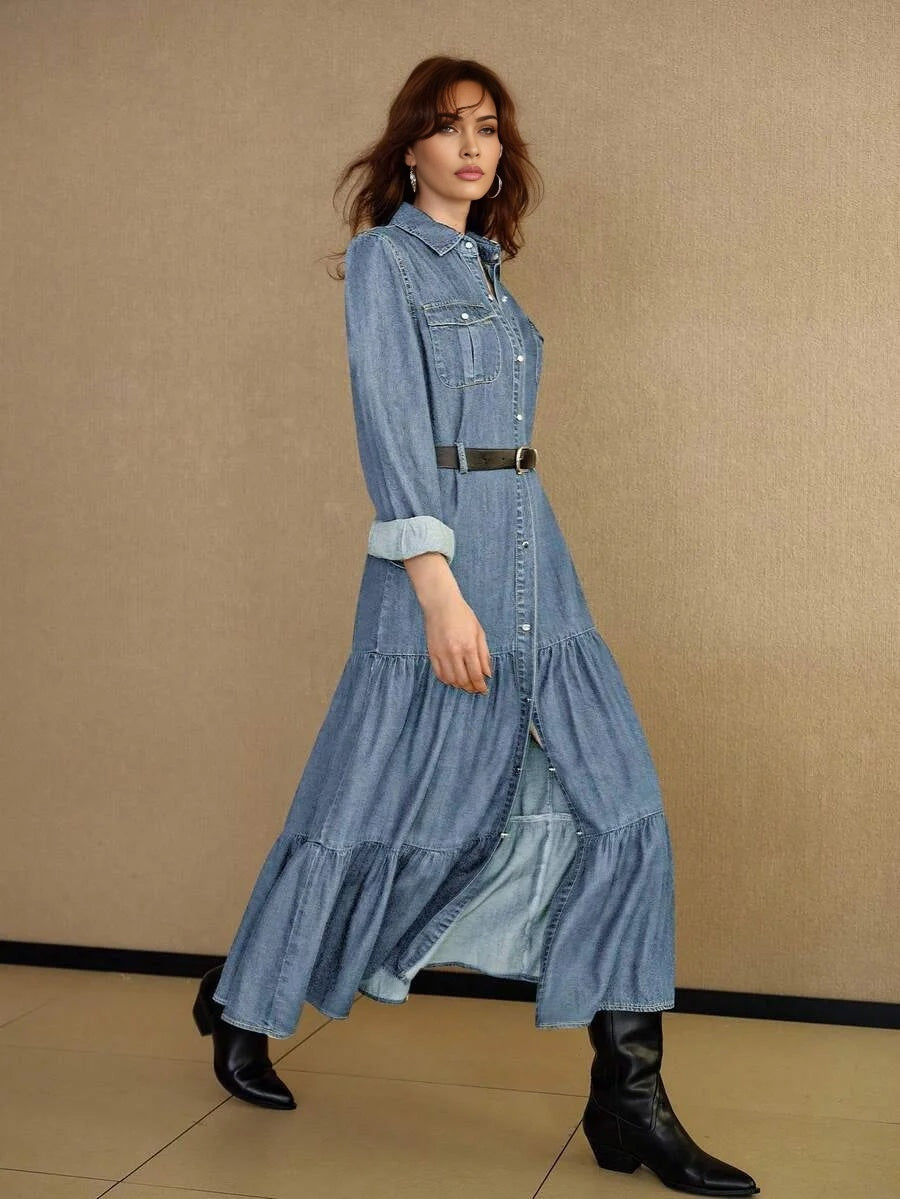 PREMIUM FLAP POCKET BUTTON UP TIERED RUFFLE HEM DENIM SHIRT DRESS WITHOUT BELT