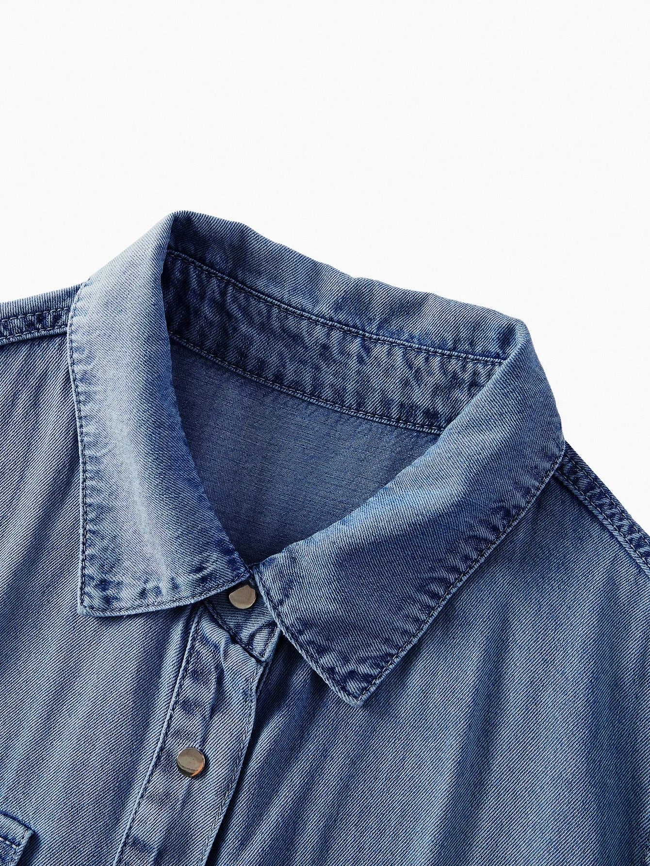 PREMIUM FLAP POCKET BUTTON UP TIERED RUFFLE HEM DENIM SHIRT DRESS WITHOUT BELT