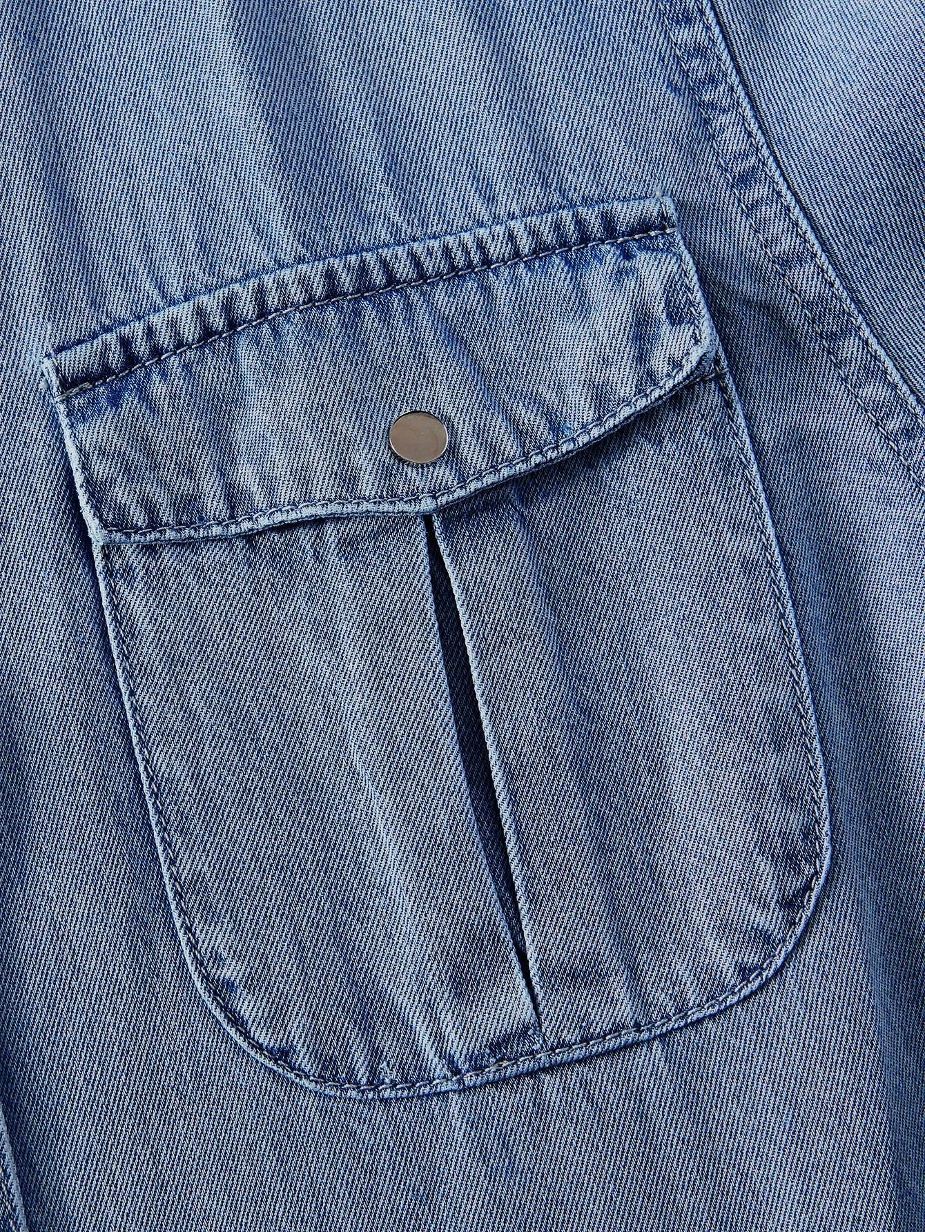 PREMIUM FLAP POCKET BUTTON UP TIERED RUFFLE HEM DENIM SHIRT DRESS WITHOUT BELT